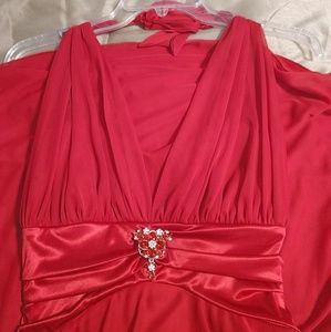 David's Bridal Red Ruched Halter Dress